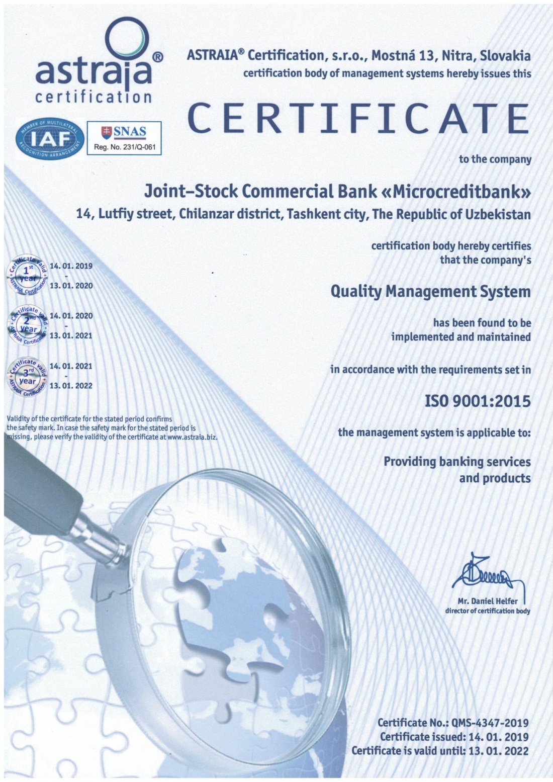 Подтвержден сертификат соответствия системы менеджмента качества АКБ “Микрокредитбанк” требованиям международного стандарта ISO 9001:2015